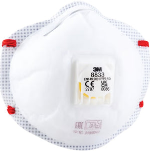 3M 8833 Disposable Mask, Valved, White/Red, FFP3, Filters Dust/Mist/Fumes, Pack of 10