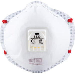 3M 8833 Disposable Mask, Valved, White/Red, FFP3, Filters Dust/Mist/Fumes, Pack of 10