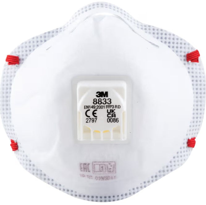 3M 8833 Disposable Mask, Valved, White/Red, FFP3, Filters Dust/Mist/Fumes, Pack of 10
