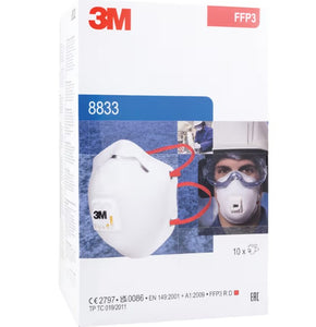 3M 8833 Disposable Mask, Valved, White/Red, FFP3, Filters Dust/Mist/Fumes, Pack of 10